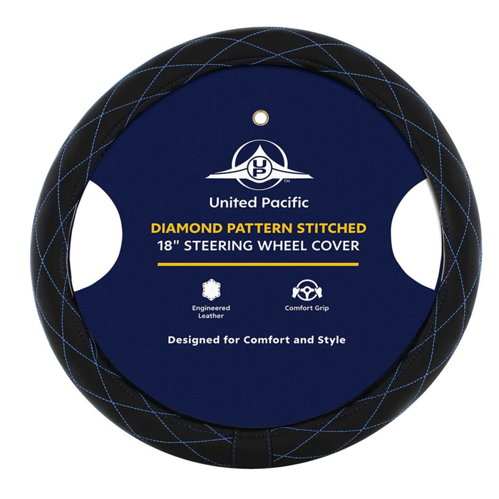 18 Inch Crystal Stitched Leather Steering Wheel Cover | Blue Stitching | United Pacific