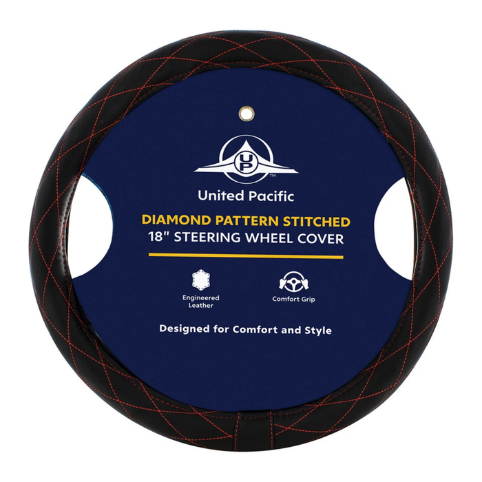 18 Inch Crystal Stitched Leather Steering Wheel Cover | Red Stitching | United Pacific