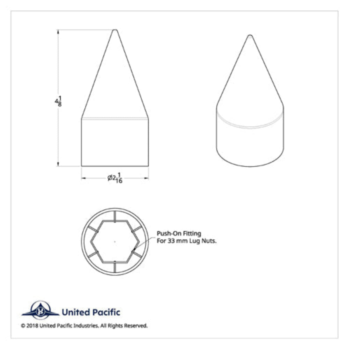 4-1/8 Inch Chrome Spike Push-On Lug Nut Cover | 33 mm Base | United Pacific