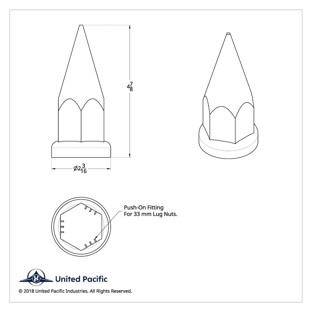 4-7/8 Inch Chrome Super Spike Push-On Lug Nut Cover | 33 mm Base | United Pacific