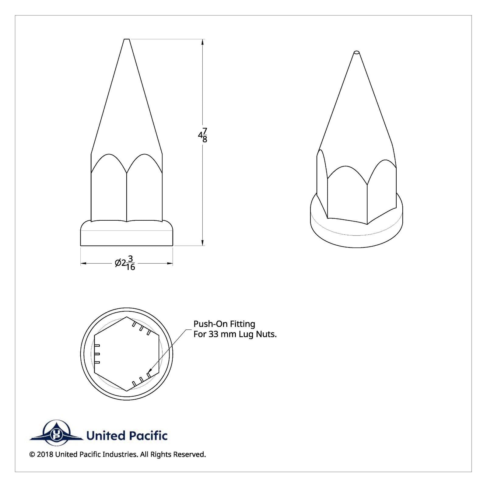 4-7/8 Inch Chrome Super Spike Push-On Lug Nut Cover | 33 mm Base | United Pacific