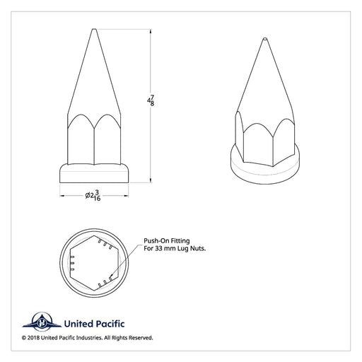 4-7/8 Inch Chrome Super Spike Push-On Lug Nut Cover | 33 mm Base | United Pacific