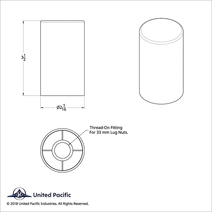 Chrome Tall Cylinder Thread-On Lug Nut Cover 3-1/2 Inch | 33 mm Base | United Pacific